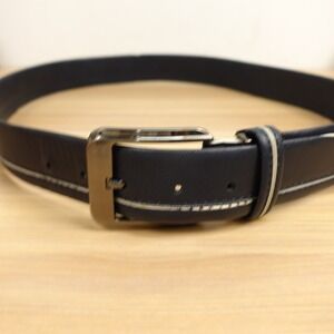 90s Minimalist Navy Leather Dress Belt Mens 36 Blue Gunmetal Buckle Classic FAUX